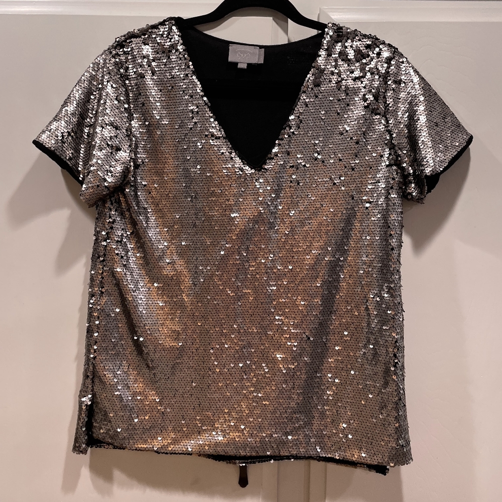 Anthropologie, Vanessa Virginia, Sequin silver v-neck t-shirt (sz S)